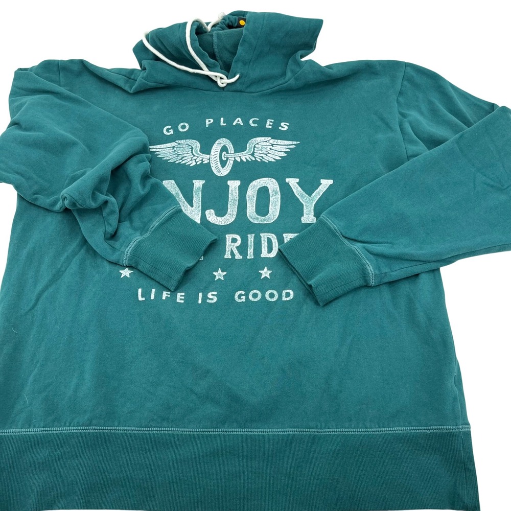 Life is Good Go Places‎ Enjoy The Ride Graphic Hoodie Teal Green Size L Relaxed